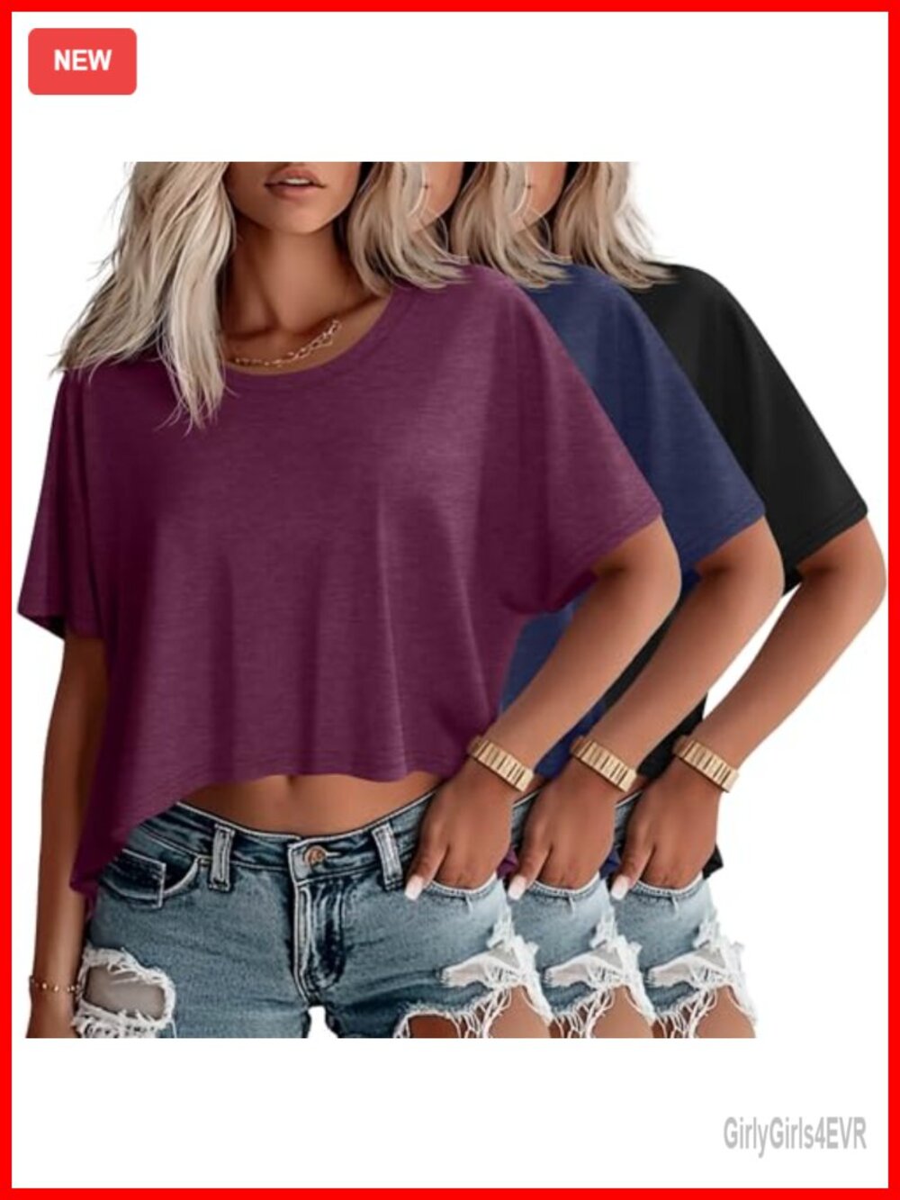 Oversized Cropped T Shirts 3 Pack Crew Neck Wing Sleeve Casual Boxy Crop Tops